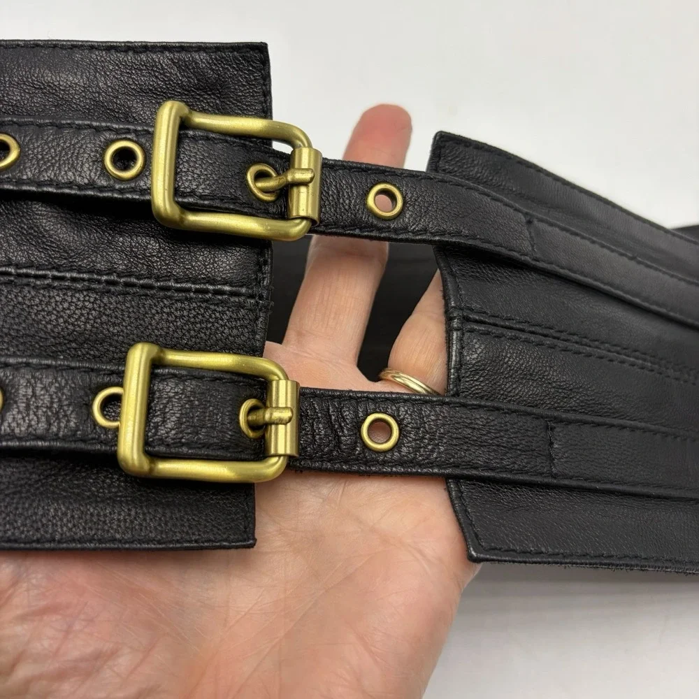 Statement Belt Womens Medium Wide Black Leather Waist Cinch Buckle Designer